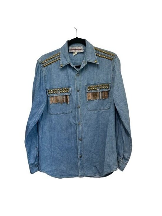 Robin Berry Tops - Vintage Robin Berry Denim Western Shirt S Studded Fringe Tassel Boho Festival
